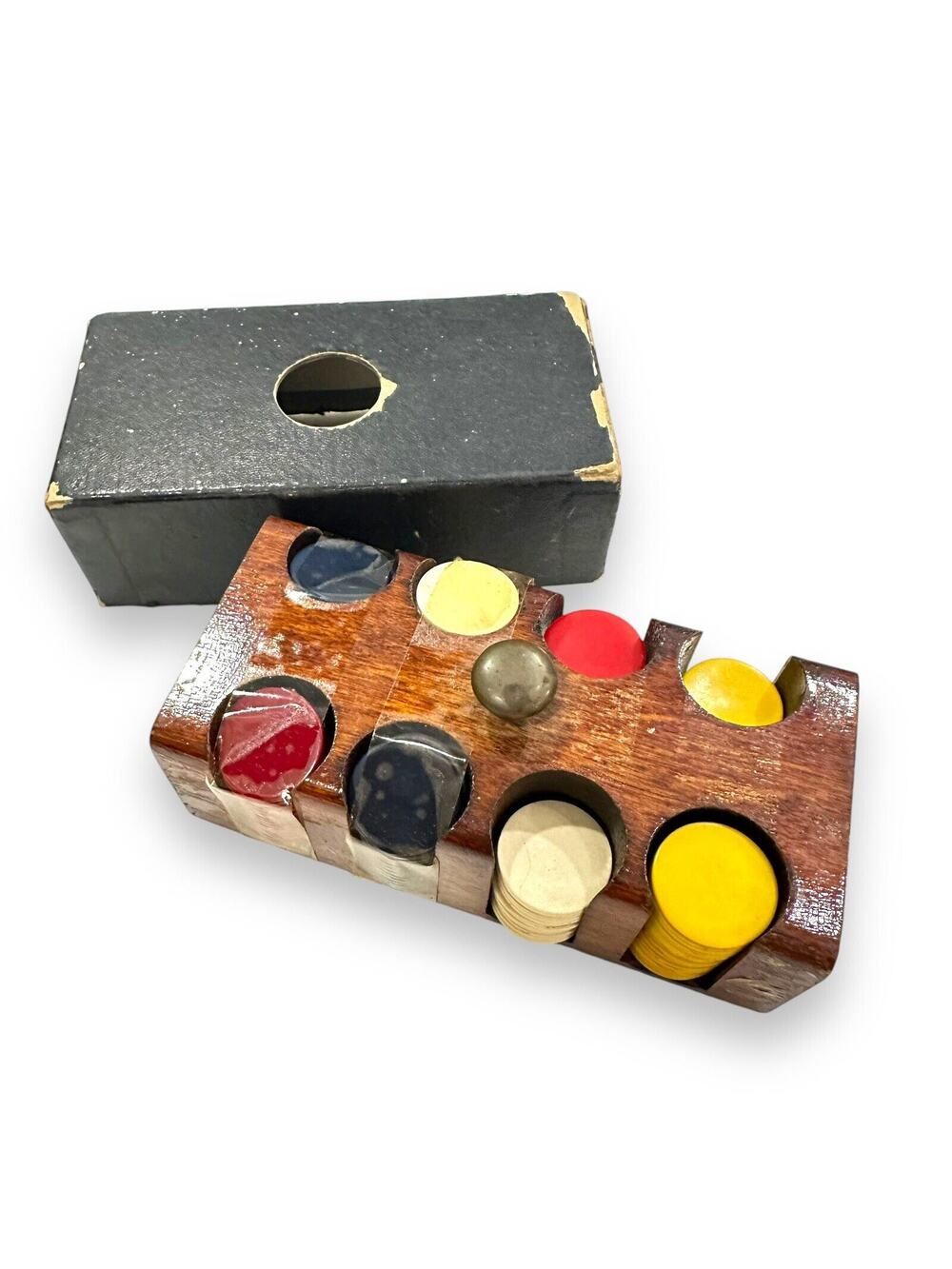 Bakelite Plastic Poker Chips w/Wood Holder Vintage Small Miniature Caddy W/Cover
